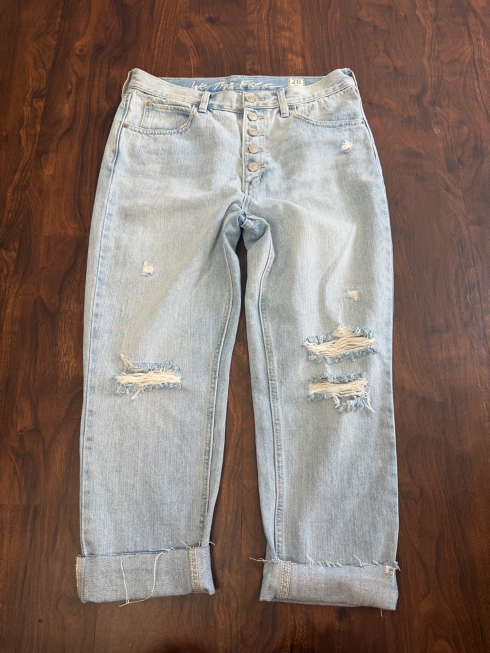 We The Free Light Wash Distressed Boyfriend Jeans with Cuffed Hem